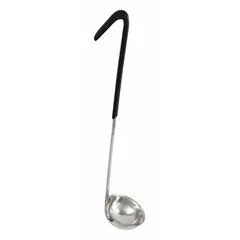 This 1 oz capacity ladle is made of stainless steel with a black finish and measures 11 1/2 inches in overall length. It is suitable for portioning and serving liquids such as soups, sauces, and gravies in commercial or institutional kitchens.