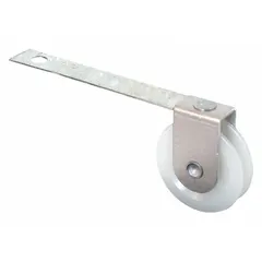 This gray, unfinished roller is designed for sliding screen doors, enabling smooth movement along the track. It measures 5 7/16 inches in overall height and length, with a width of 3 13/16 inches. Sold as a single pair (1 PR).