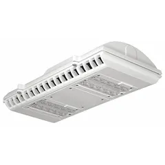 LED pendant canopy light delivering 7,562 lumens at 5000K with a Type V distribution pattern. Operates on 120 to 277V AC and consumes 74 W. White housing. Suitable for parking garages and covered canopies requiring uniform overhead illumination.