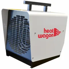 Portable electric heater for jobsites and garages. 3KW, 240V AC, single-phase. NEMA 6-15P plug with pigtail cord. 100°F air temperature rise. Overheat safety protection. Dimensions: 15 x 10 x 11 inches.