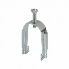 Galvanized steel conduit clamp for securing 1-1/4 in conduit to 1-5/8 in strut channels. Features 1/4 in-20 thread and 1.250 in cable range. Used in electrical installations for supporting conduit runs and cable trays.