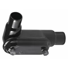This LL-style conduit outlet body is used as a pull point and access fitting in electrical conduit systems. It has a 1 1/4 in trade size, 2 hubs, and a 19.5 cu in body capacity. Constructed of steel with a PVC-coated black finish, it provides a grounded enclosure for wire pulling and conductor routing in industrial applications.