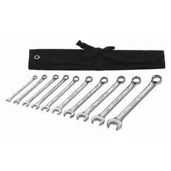 Chrome-finished alloy steel combination wrench set with 12-point openings. Includes 10 wrenches covering head sizes from 1/4 in to 3/4 in. Used for tightening and loosening SAE hex fasteners in maintenance, repair, and assembly tasks.