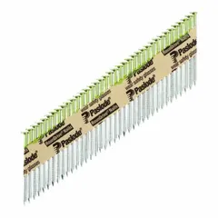 Offset round ring steel collated framing nails with 0.12 in shank diameter, 3 in overall length, and conical point. Designed for use with pneumatic nailers in framing, sheathing, and decking applications.