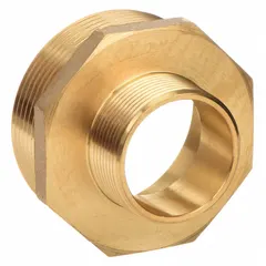 This brass adapter connects a 1-1/2 in NPT pipe to a 2-1/2 in NH fire hose coupling. It features a straight, hex, cast design for secure connections in fire suppression systems, linking standpipes or hydrants to hoses.
