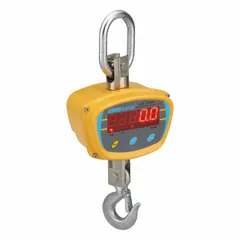Digital crane scale for weighing suspended loads in industrial settings. Capacity 3000 lb with 0.5 lb readability, also supports kilograms. Aluminum housing, wireless remote indicator, includes charger. FCC compliant.
