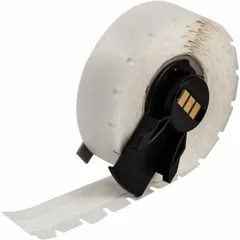 Continuous vinyl label roll, 3/8 in wide by 30 ft long, white with removable and repositionable adhesive. Compatible with BMP71 printer using media adapter. Used for industrial labeling such as asset identification, cable marking, and facility signage.