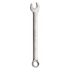Alloy steel combination wrench with satin finish and offset design. Features a 65 mm 12-point head and 27 1/8 in overall length. Used for tightening or loosening metric fasteners in maintenance, repair, and assembly tasks.