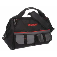 This polyester tool bag features a wide-mouth opening for easy access and 21 pockets to organize hand tools, fasteners, and small parts. Suitable for job sites and workshops, it provides ample storage in a compact black design.