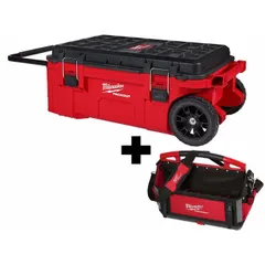 This rolling tool box set includes a chest and tote constructed from polymer in a black/red finish. Dimensions are 38 inches wide by 15 3/4 inches high by 12 inches deep. A padlock is included for security. Suitable for transporting and organizing tools on job sites.
