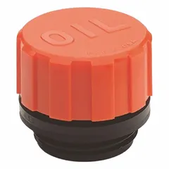 Filter breather vent with 1/4" NPT thread and polyamide body. Features a 40 micron filter and orange splash guard to reduce debris and moisture ingress while allowing pressure equalization. Marked "OIL" for identification in lubrication systems.