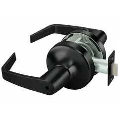 This privacy lever lockset is designed for interior doors requiring privacy locking, such as bathrooms or bedrooms. It features a black painted finish, Augusta style lever, and is ADA compliant. The ANSI F76A function allows locking from the inside with a push button or turn button. Not ligature-resistant and has no visual indicator.