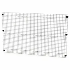 This steel woven-wire panel is part of the Husky Rack & Wire Quick-Assemble partition system. It measures 5 ft high by 8 ft wide by 1-1/2 in deep and has a black powder-coated finish. Used for creating secure enclosures and partitions in industrial storage areas, warehouses, and distribution centers.