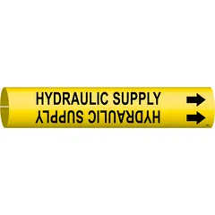 Snap-on pipe marker for identifying hydraulic supply lines. Yellow background with black legend text and directional arrows. Fits pipe outer diameters from 3/4 to 1-3/8 in. Suitable for industrial piping systems requiring clear line identification.
