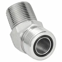 This rigid 45° elbow adapter connects O-Ring Seal (ORS) and NPTF threaded systems in hydraulic lines. Made of steel with male x male ends, it provides a compact angled transition for fluid transfer in hydraulic applications.