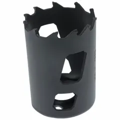 Carbide-tipped hole saw for cutting multi-material surfaces including metal, wood, and plastic. Features 2/3 teeth per inch and a maximum cutting depth of 1-15/16 in. Requires a compatible arbor with 5/8-18 thread connection.