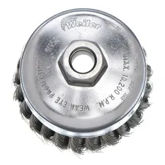 Cup brush with standard twist knot wire bristles for heavy cleaning and surface preparation on contoured stainless steel surfaces. 4 in diameter, 0.014 in fill diameter, 5/8"-11 arbor hole. Removes rust, scale, and weld splatter in industrial maintenance and fabrication.