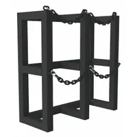 Vertical rack for storing two gas cylinders. Measures 30 in x 12 in x 30 in. Powder-coated black finish. Suitable for organizing cylinders in industrial environments such as machining, welding, or HVAC facilities