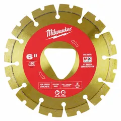 Dry-use segmented diamond blade with 6 in diameter and 6 in arbor. Designed for cutting green concrete in construction and masonry applications.