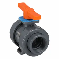 This manual two-way ball valve is made of PVC with a straight true union NPT x true union NPT design. It includes a locking tee for secure positioning. Used for on/off flow control in corrosive fluid handling systems such as chemical processing, water treatment, and industrial plumbing. The true union configuration allows easy removal for maintenance without disturbing piping.