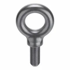 This steel eye bolt with shoulder features a plain finish and a 1"-8 thread size with 2 1/2 in thread length. It is used for lifting and rigging applications where a secure threaded attachment point is required, such as connecting loads to hoists or cranes. Nut not included. Made in USA.