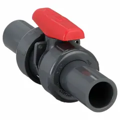 This manual two-way ball valve is made of PVC with a straight tee configuration. It features socket x socket connections for solvent welding and a standard port ball port. Used to start, stop, or redirect flow in PVC piping systems.