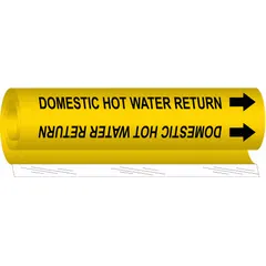 Yellow wrap-around pipe marker with black legend reading 'Domestic Hot Water Return' and directional arrows. Fits pipe outer diameters from 2-1/2 to 7-7/8 inches. Used to identify domestic hot water return lines in plumbing systems, aiding maintenance and safety.