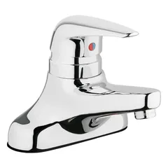 Cast brass construction with polished chrome finish. Centerset handle bathroom faucet with low arc spout. Flow rate of 1.5 gpm. Includes mounting hardware. Suitable for lavatory sinks in commercial and residential settings.