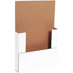 White corrugated cardboard mailer with single-wall construction and ECT-32-B board test. Inside dimensions: 12 in length, 10-1/2 in width, 2 in height. Easy-fold closure for quick assembly. Suitable for shipping flat or lightweight items.