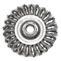 Twisted steel wire brush designed for heavy cleaning of contoured carbon steel surfaces. Removes rust, scale, and weld splatter from irregular shapes. Features 4" diameter, 1/2" width, M10 x 1.5 arbor, and 0.02" fill.