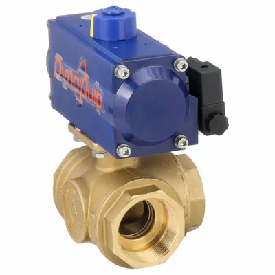 DYNAQUIP CONTROLS Pneumatically Actuated Three-Way Ball Valve: 2 in, Brass - L-Port Brass Pneumatically-Actuated Ball Valves