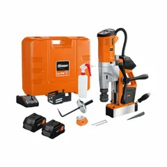 This cordless magnetic drill features a brushless motor and a permanent magnet base for secure attachment to ferrous workpieces. With a speed range of 130 to 520 RPM and 10-1/4 in drill travel, it is suited for hole-making in structural steel, fabrication, and construction applications. No coolant system included.