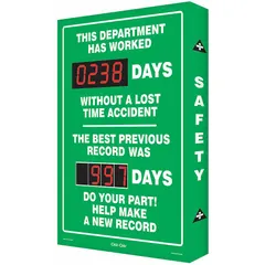 This electronic scoreboard is constructed with an aluminum face and features mounting holes for wall installation. It operates on 110/120V AC and is controlled via a remote control. The 28 in x 20 in display is used to track and promote safety records in industrial environments.