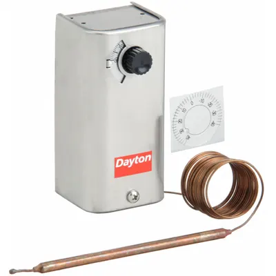 Dayton Line Volt Mechanical Tstat: -30° to 90°F, Stainless Steel, Fixed, 3°F - Indoor Single-Stage Controls