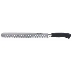 This 10-inch slicer features a forged steel blade with a Granton edge, which creates air pockets to reduce friction and sticking during slicing. The black Santoprene handle provides a comfortable grip. NSF certified for commercial use.