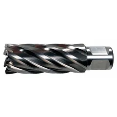 This high-speed steel annular cutter produces clean, accurate holes in metal. With a 2-7/16 in diameter and 4 in maximum cutting depth, it is suited for structural steel, plate work, and fabrication applications. The bright finish and Weldon Flat shank ensure compatibility with standard magnetic drill presses.