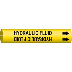 Yellow snap-on pipe marker with black legend reading 'Hydraulic Fluid' and directional arrows. Fits pipe outer diameters from 2-1/2 to 3-7/8 inches. Used to identify hydraulic fluid lines in industrial piping systems, aiding in compliance with pipe-marking standards.