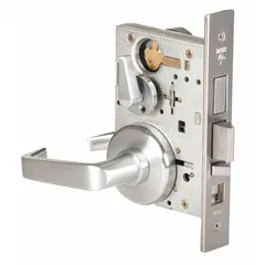 This BEST office lever lockset features a satin chromium-plated stainless steel finish with a 40H rose and F20 function. It is ADA compliant and includes an interchangeable core for key control. Suitable for commercial interior doors in offices, schools, and healthcare facilities.