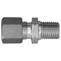This flareless bite-type stainless steel compression fitting adapter connects 8 mm OD tubing to a 1/2 in male NPT pipe thread. It is used in industrial fluid power systems, instrumentation, and hydraulic applications where a leak-tight, vibration-resistant seal is required