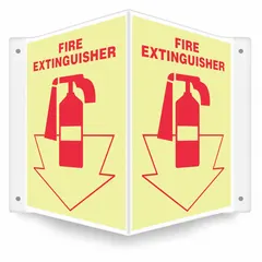 V-shaped projection sign for marking fire extinguisher locations. Glow-in-the-dark feature aids visibility in low-light or power-loss conditions. Nominal size 12 in x 14 in. Mounting holes for secure installation. Not retroreflective.