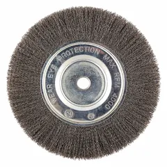 This light-cleaning brush is designed for carbon steel surfaces, featuring a crimped steel fill of 0.014 in. It is used for removing rust, scale, and light burrs without aggressive cutting. The brush has a 10 in diameter, 3/4 in width, and a 3/4 in arbor, suitable for maintenance, fabrication, and metal preparation tasks.
