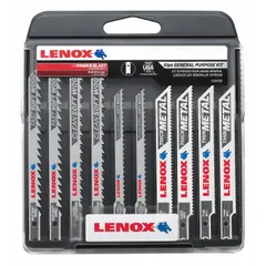 This 10-piece jigsaw blade set features U-shank blades designed for cutting wood workpieces. The set includes blades with tooth counts of 6, 10, 14, 20, and 24, providing options for various cutting tasks from rough to fine finish cuts. Blades are packaged in a storage case.