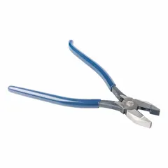 These standard ironworker's pliers feature a square jaw design with an overall length of 9 1/4 in, jaw length of 1 1/4 in, jaw width of 1 1/8 in, and jaw thickness of 1/2 in. The angled jaws provide a secure grip on flat or round stock, suitable for gripping, twisting, and bending tasks in industrial construction and metalworking applications.