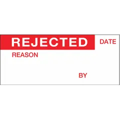 White rectangular matte polyester inspection label measuring 1 1/2 in wide by 5/8 in high. Abrasion-resistant material suitable for indoor use. Supplied in a 14-pack with English text. Commonly used for equipment inspection tags, asset identification, and maintenance marking in industrial facilities.