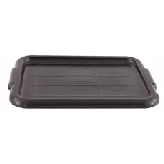 Solid plastic lid for bus tubs, measuring 1 inch in height and 15 3/4 inches in width. Designed to cover compatible containers for transport or storage in foodservice settings. NSF certified for sanitation.