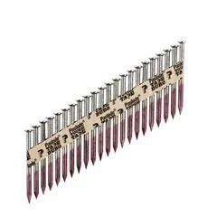 Collated connector nails for fastening metal connectors, joist hangers, and framing hardware in wood construction. 2 1/2" length, flat smooth steel shank with plain finish and diamond point. Pack of 2,000 nails.