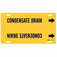 This strap-on pipe marker identifies condensate drain lines in piping systems. Features a yellow background with black legend and directional arrows. Fits pipe outer diameters from 8 to 9-7/8 inches. Includes one marker