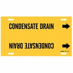 This strap-on pipe marker identifies condensate drain lines in piping systems. Features a yellow background with black legend and directional arrows. Fits pipe outer diameters from 8 to 9-7/8 inches. Includes one marker.