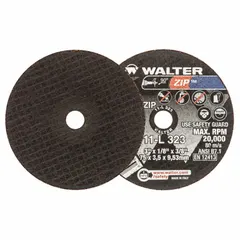 General purpose cut-off wheel for carbon and stainless steel. Type 1 wheel with 3" diameter, 1/8" thickness, and 3/8" arbor hole. Aluminum oxide abrasive, 24 grit, ZIP series. Used in metal fabrication, maintenance, and repair.