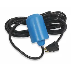 This tether float switch is configured normally open for pump-down applications. It activates when the water level rises 45° above horizontal, closing the circuit to start a pump. Rated for 230V AC, it features a 15 ft cord and an ABS housing. Suitable for sump basins, wastewater tanks, and industrial fluid-level control.